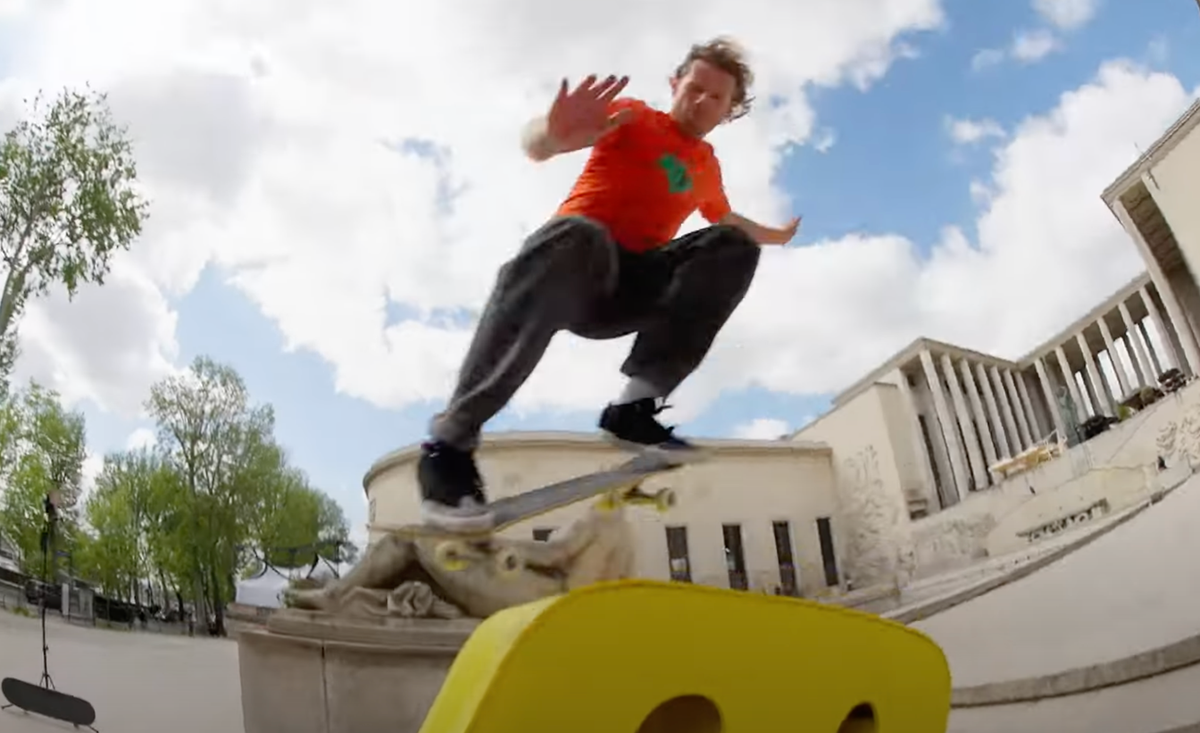 Taking a skateboarding-friendly etnies logo all over the streets of Paris, France